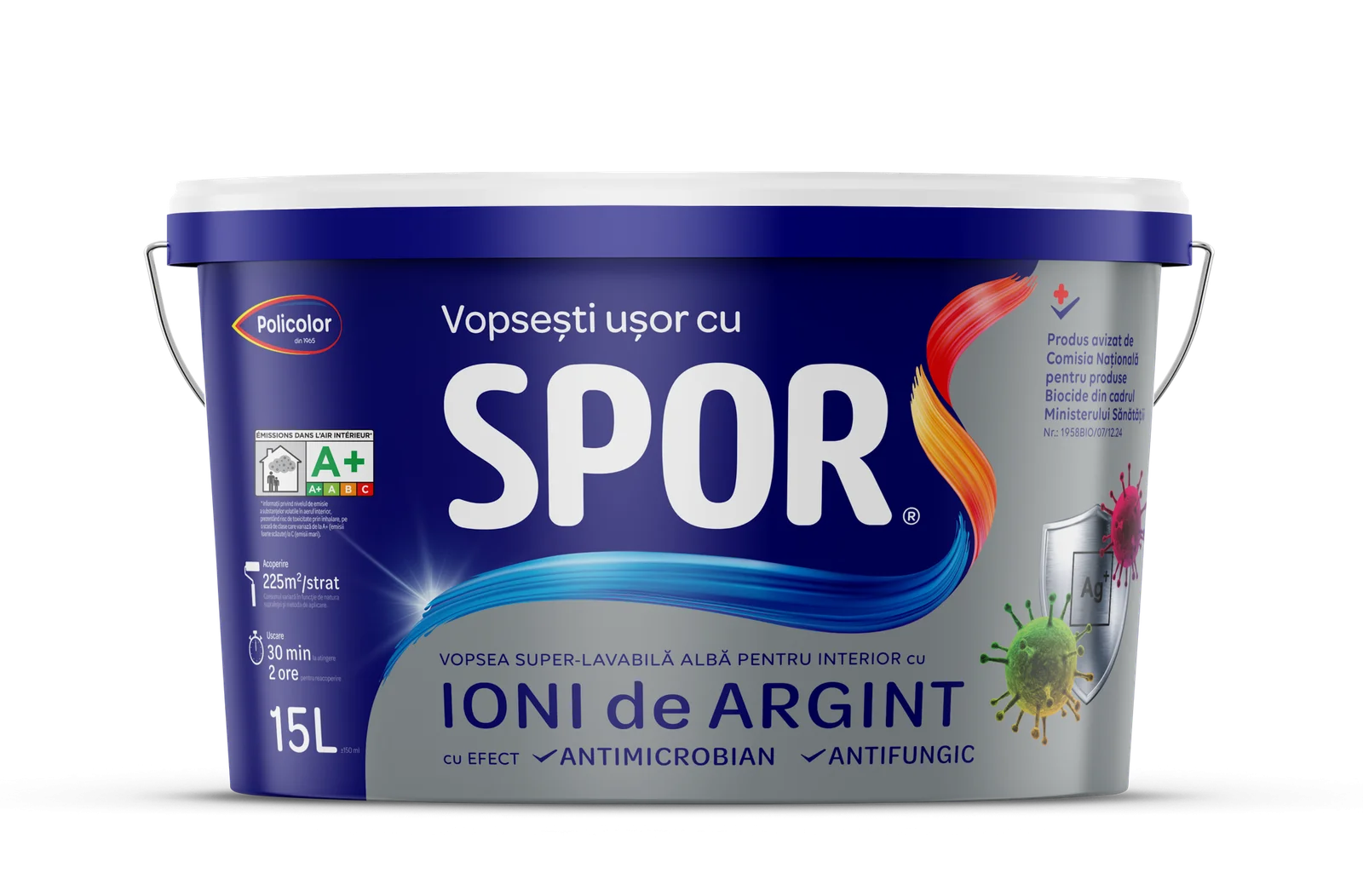 SPOR Vopsea Super Lavabila Mata pt. Interior cu Ioni de Argint – 25 LT SPOR vopsea super-lavabila alba mata pentru interior cu Ioni de Argint 25 L - imagine 1