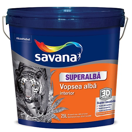Vopsea superlavabila interior Savana 3D Activ, cu rezistenta la mucegai, alb, 25 l Vopsea superlavabila interior Savana 3D Activ, cu rezistenta la mucegai, alb, 25 l - imagine 1